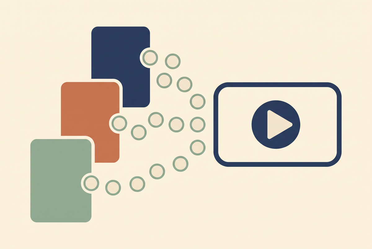 Flat vector illustration of three stacked plan cards with credit tokens flowing into a video play frame