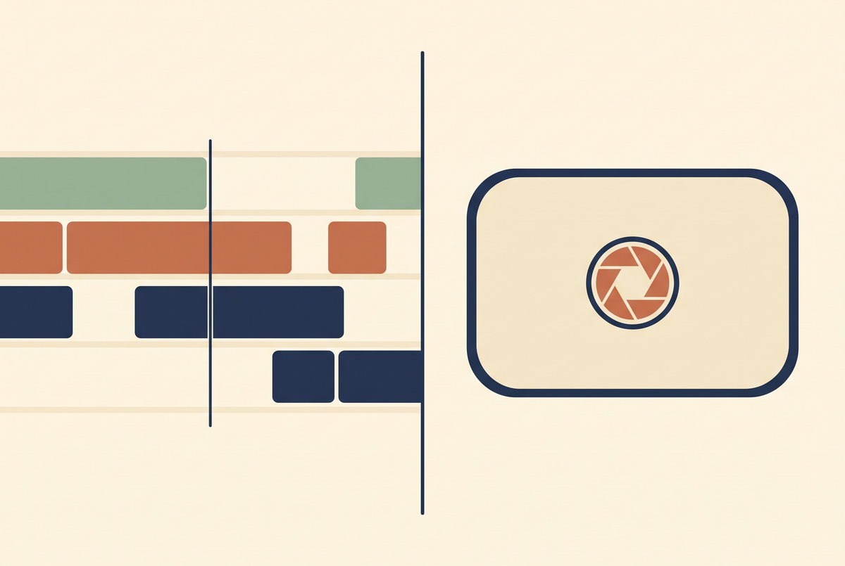 Flat vector illustration split between an editing timeline on the left and a single polished video frame on the right