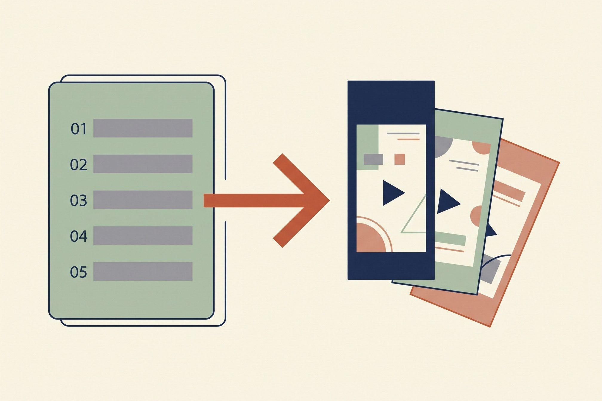 Flat vector illustration of a shot list on the left turning into three generated video clips on the right