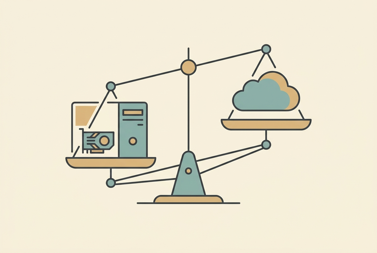 Flat vector illustration of a desktop GPU tower on one side of a balance scale and a cloud icon on the other