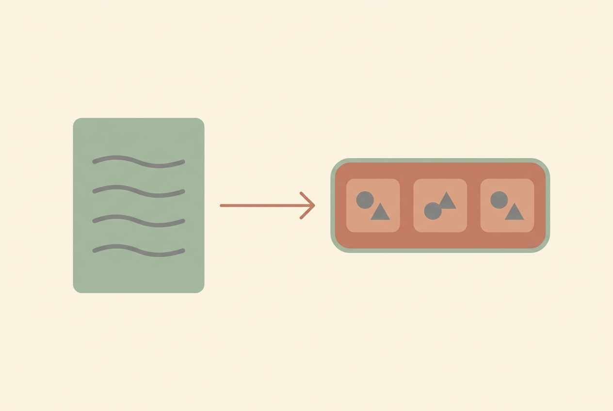 Flat vector illustration of a document page linked to a video clip strip on a cream background