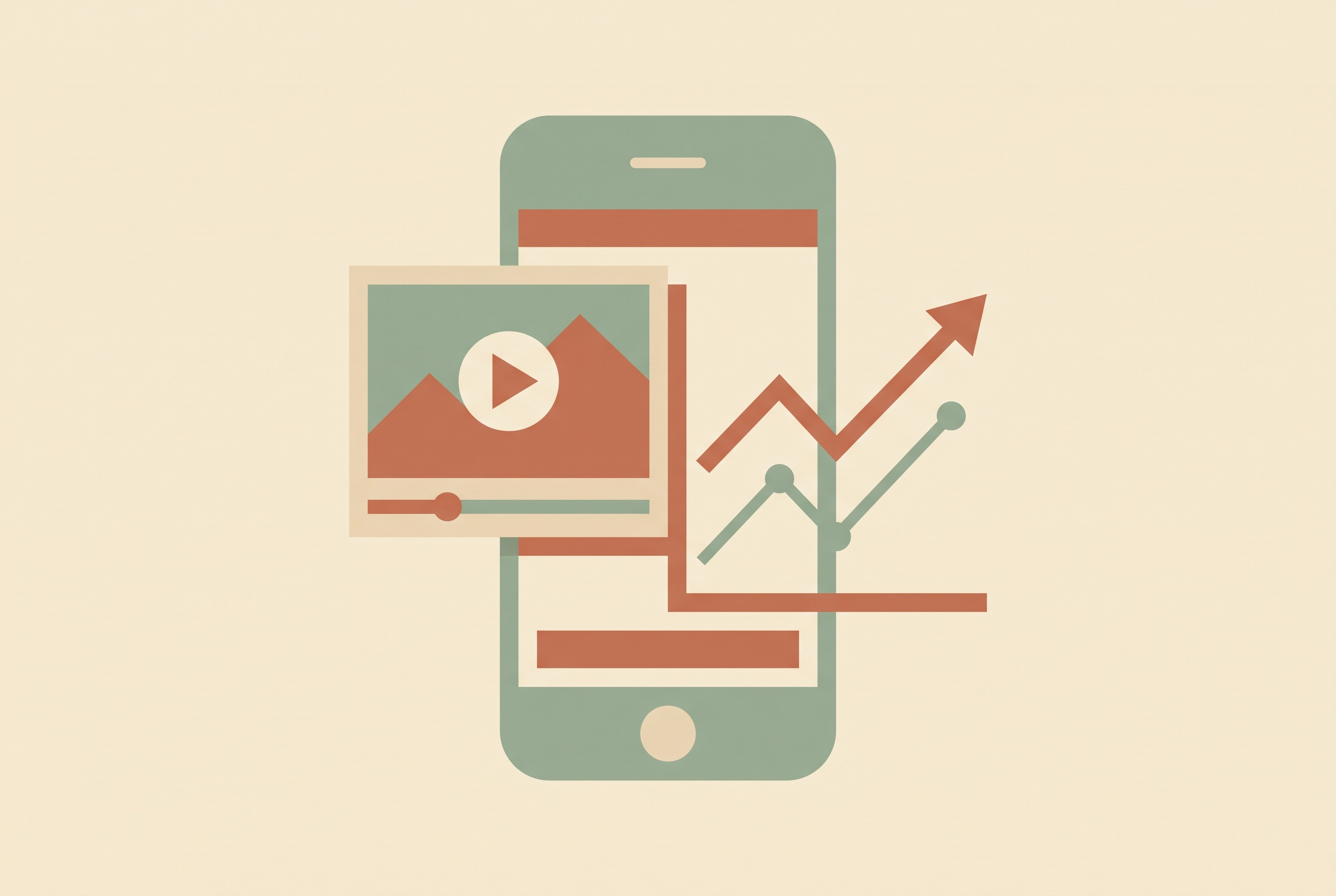 Flat vector illustration of a vertical phone screen playing a video beside a rising line chart