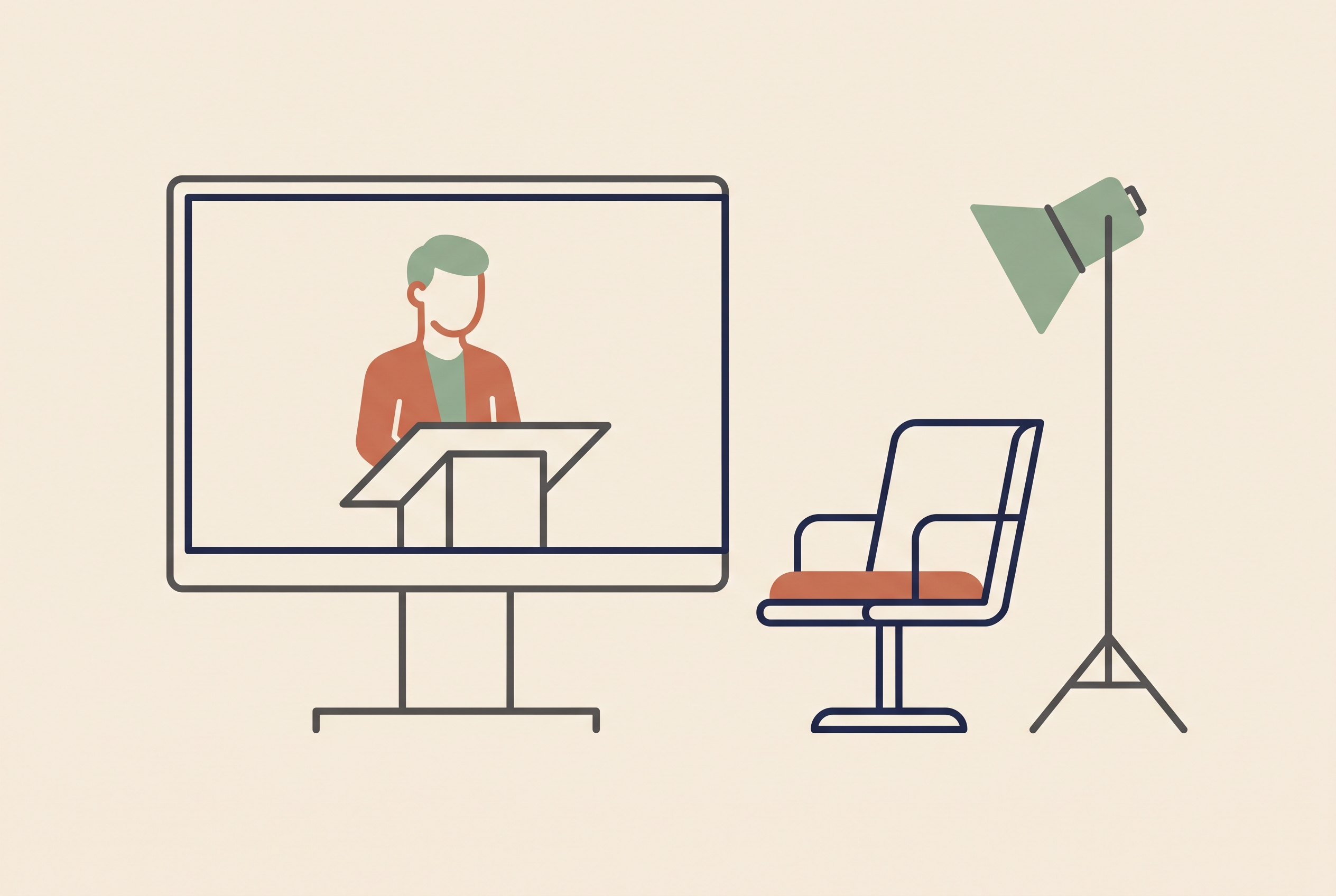Flat vector illustration of a presenter avatar on a screen beside an empty studio chair on a cream background