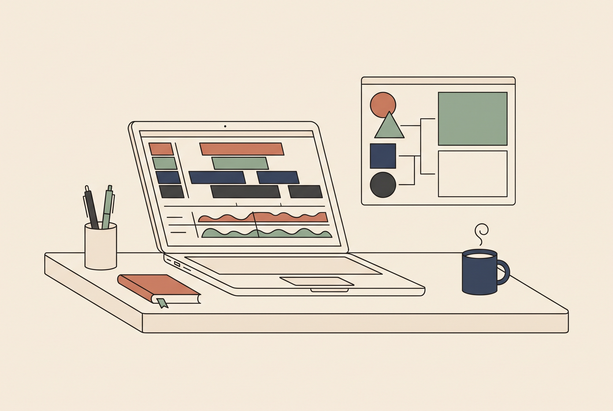 Laptop on a cream desk showing a video editing timeline with a template panel open beside it