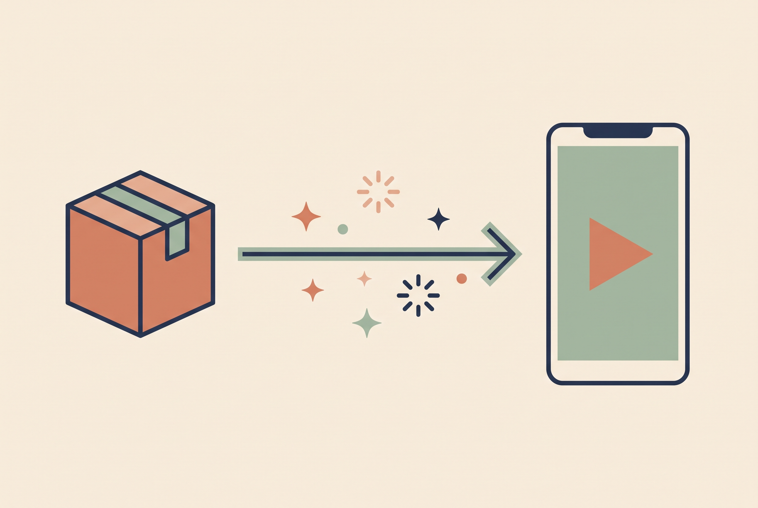 Flat vector illustration of a product box turning into a vertical video advert