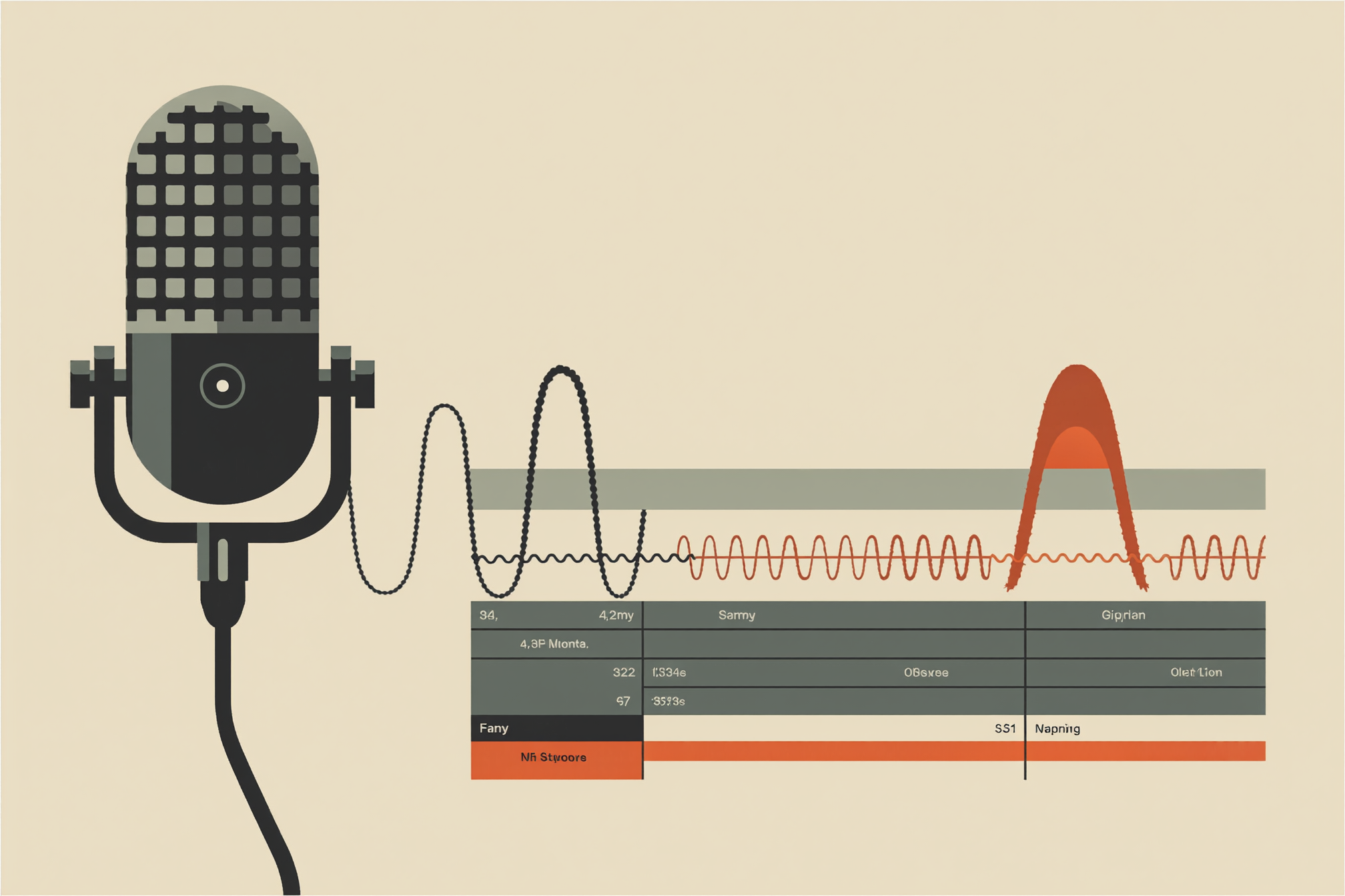 Flat vector illustration of a microphone and a waveform flowing into a video timeline
