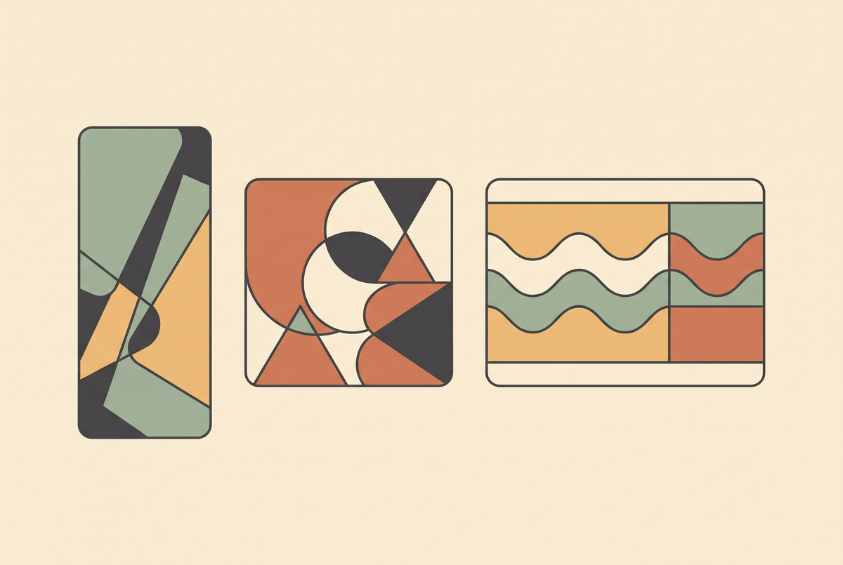 Flat vector illustration comparing 9:16, 1:1 and 16:9 video frames in cream and terracotta tones