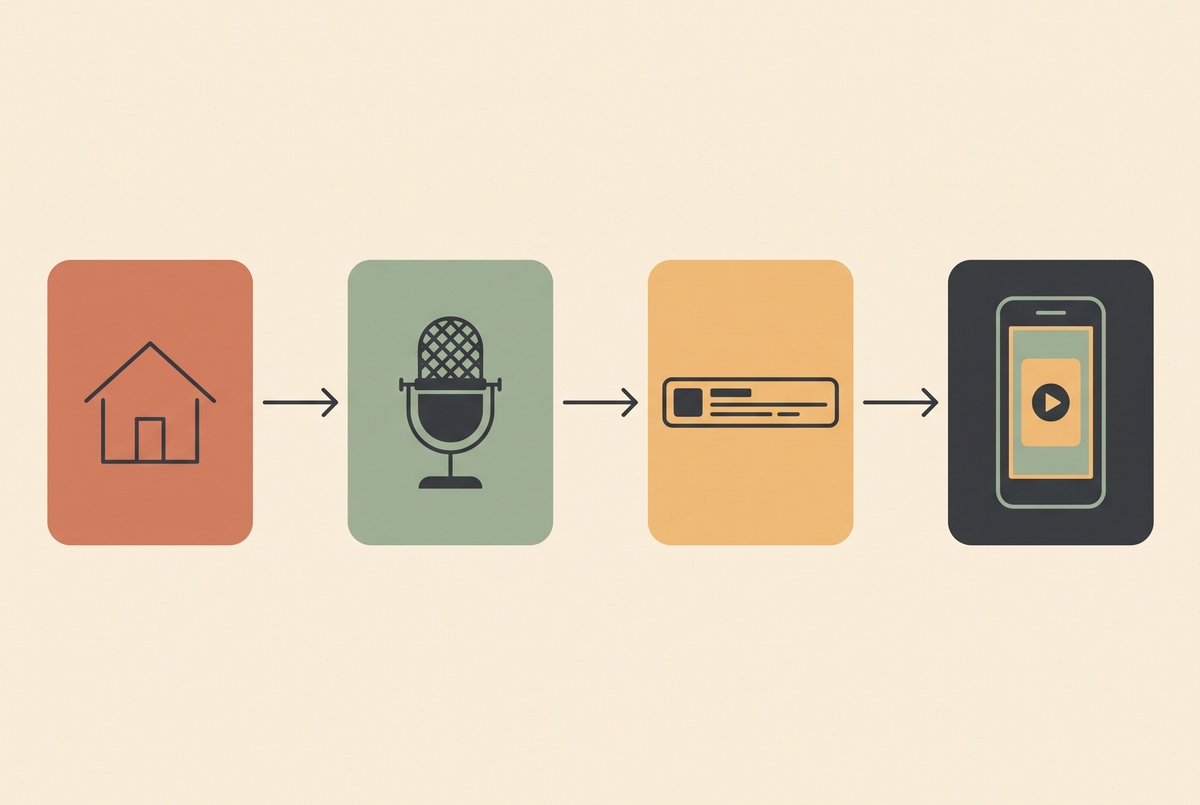 Flat vector illustration of a property listing video pipeline in cream and terracotta tones