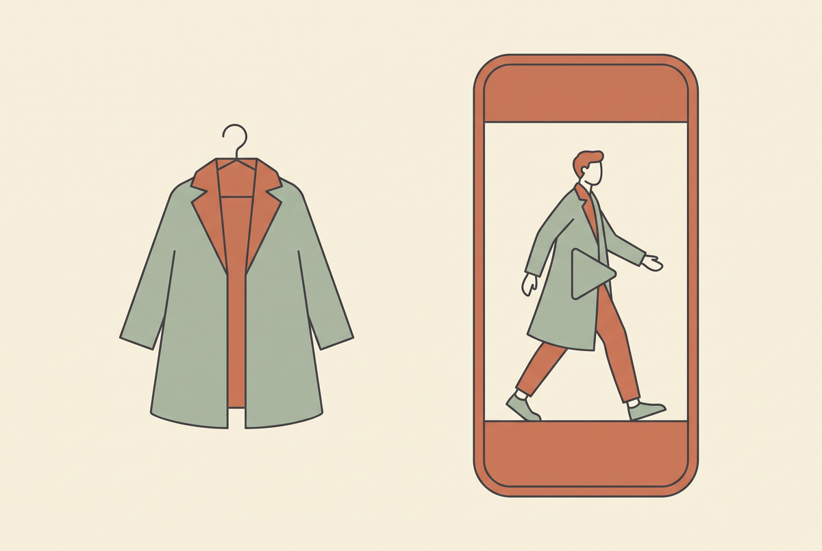 Flat vector illustration of a garment on a hanger beside a vertical video frame