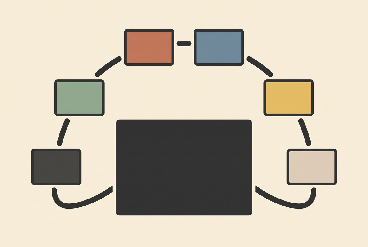 Flat vector illustration of one video master branching into several country accounts