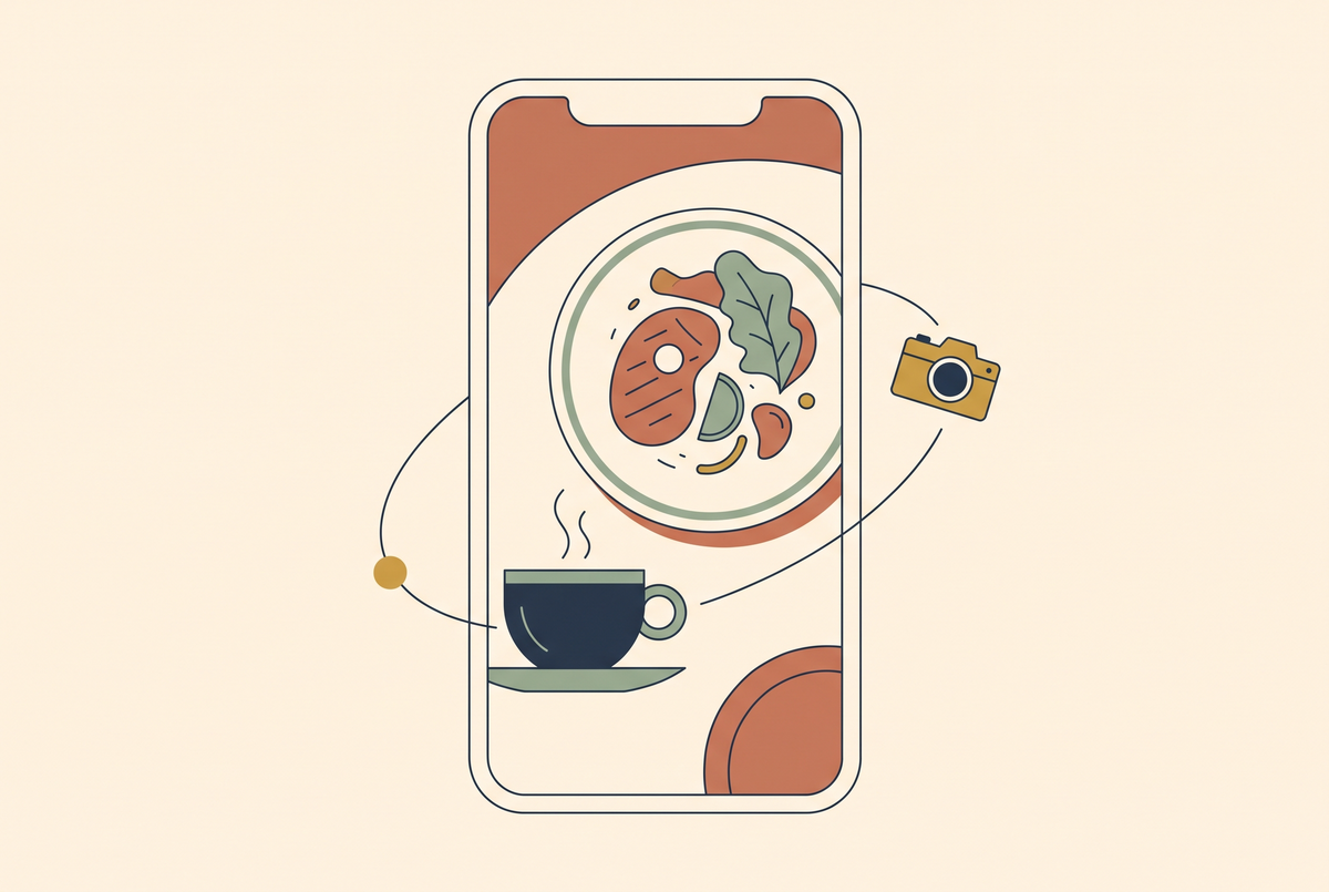 Flat vector illustration of a restaurant dish framed as a vertical video with a camera icon