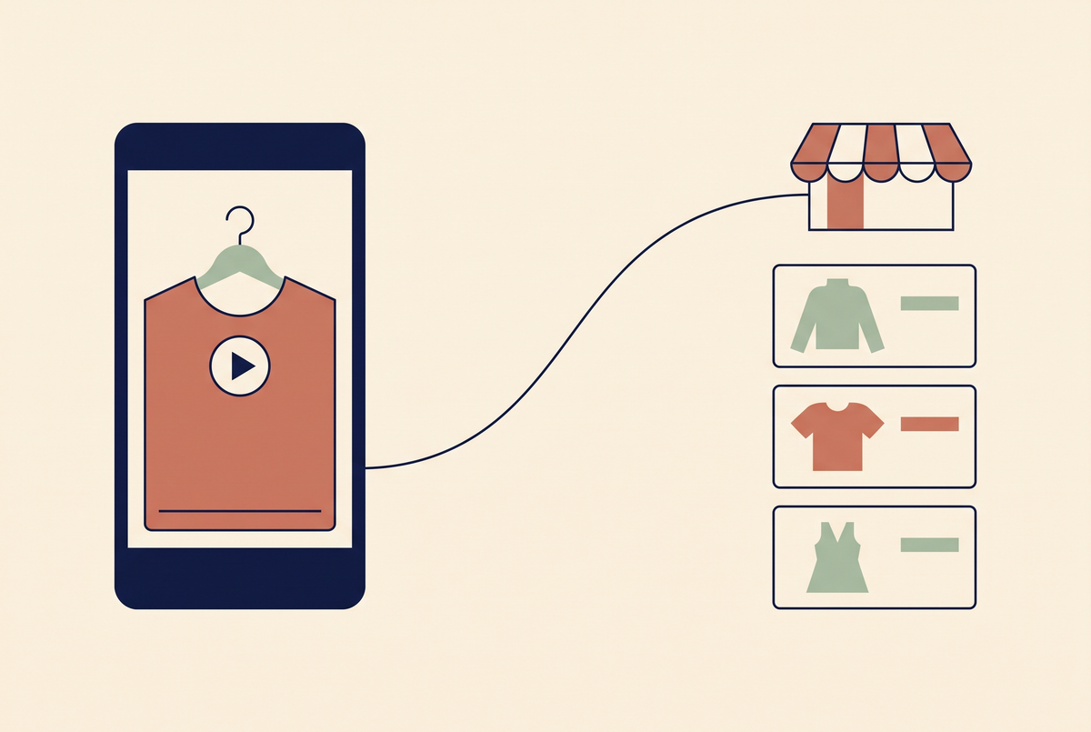 Flat vector illustration of a vertical video feed connected to an in-app storefront with product tiles
