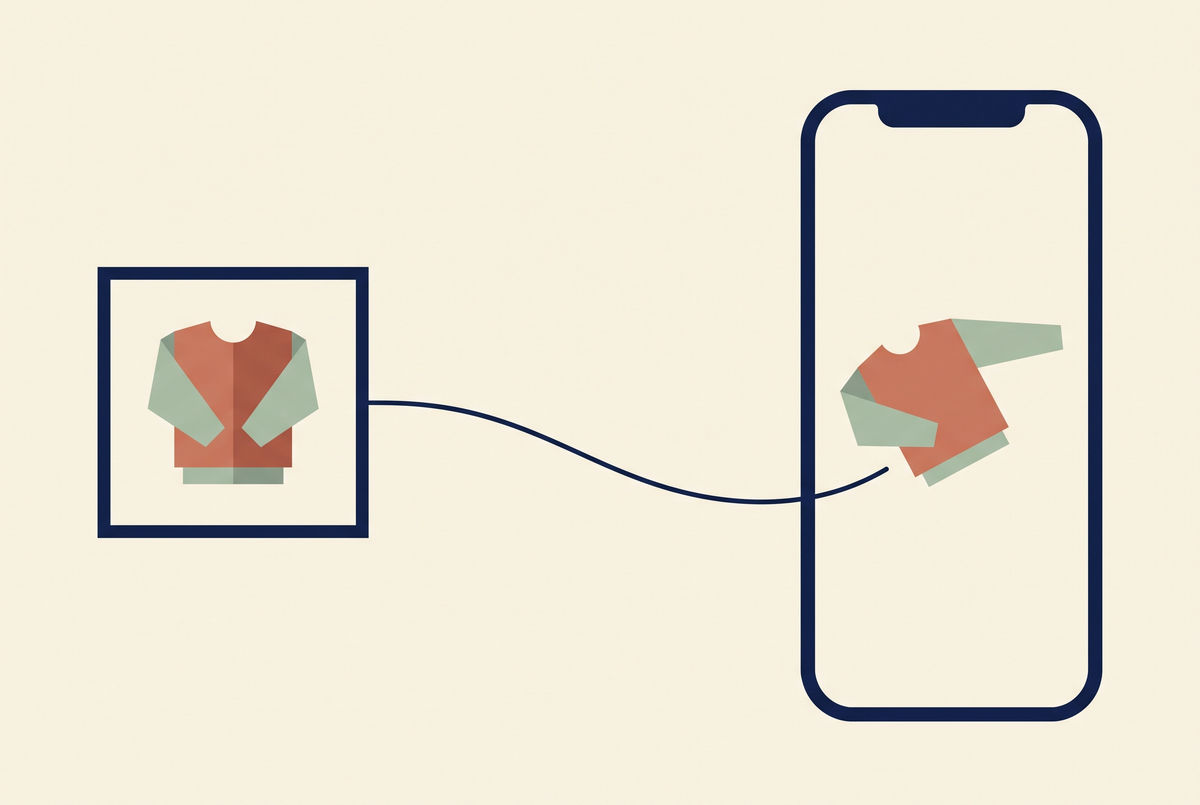 Flat vector illustration of a product photo on the left and the same product playing as video in a phone frame on the right