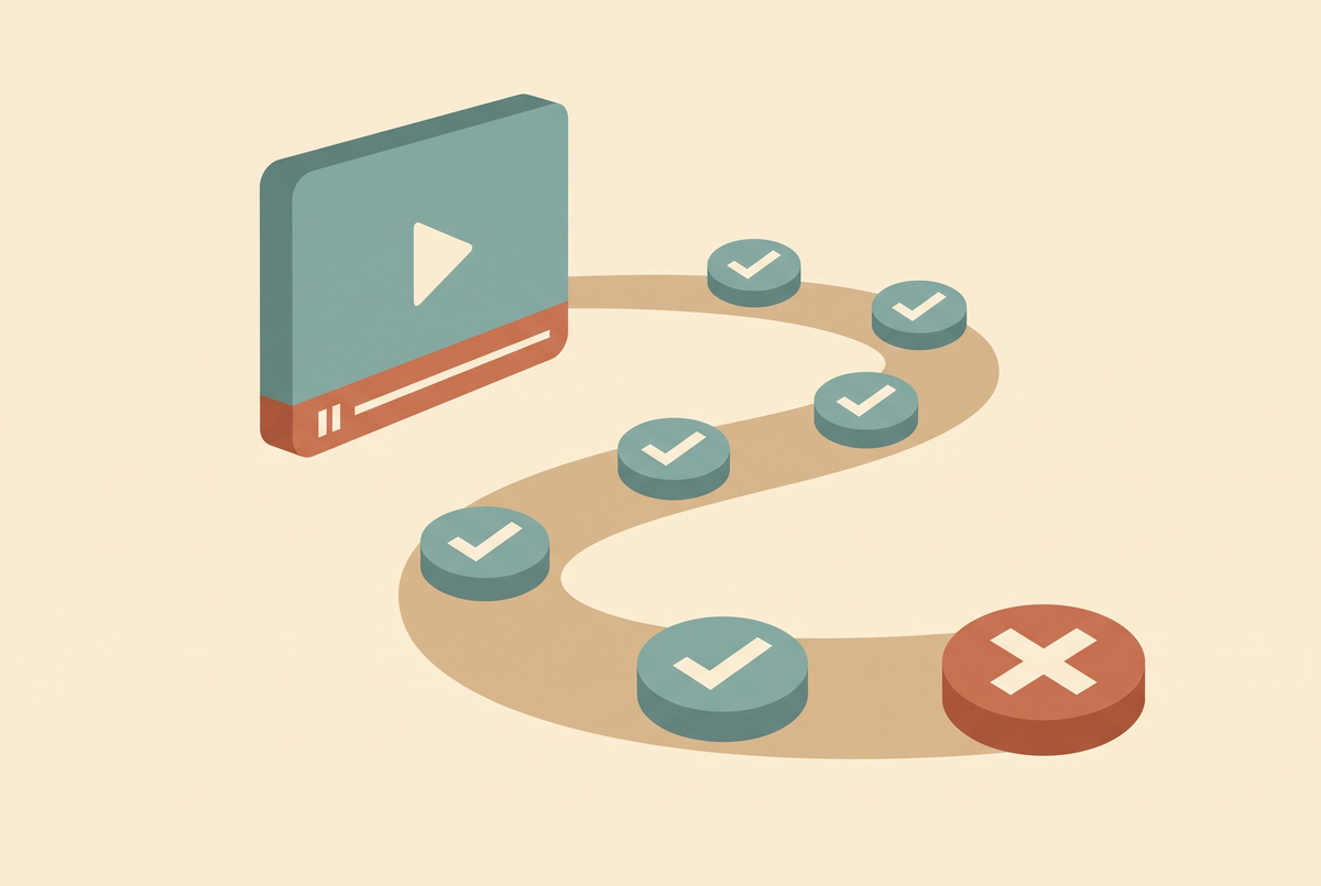 Flat vector illustration of a product video passing through an approval checklist, cream background