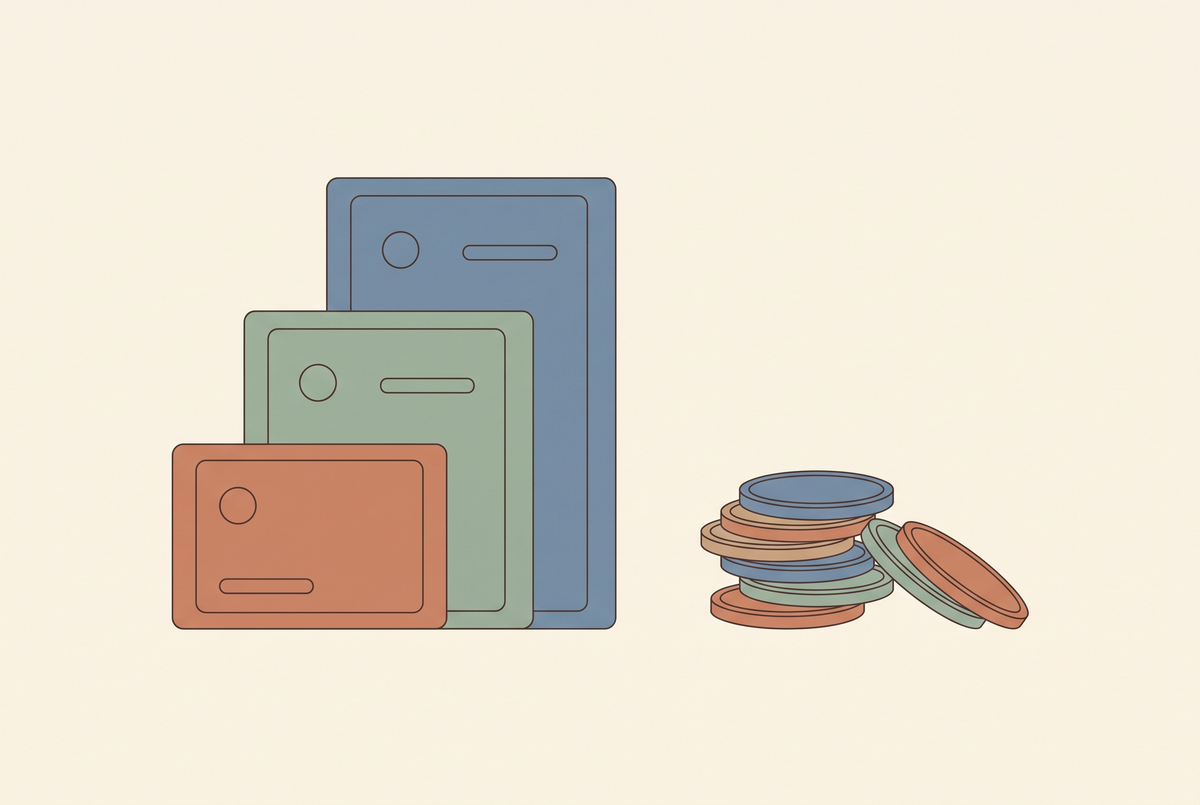 Flat vector illustration of three stacked subscription tier cards beside a pile of round credit tokens
