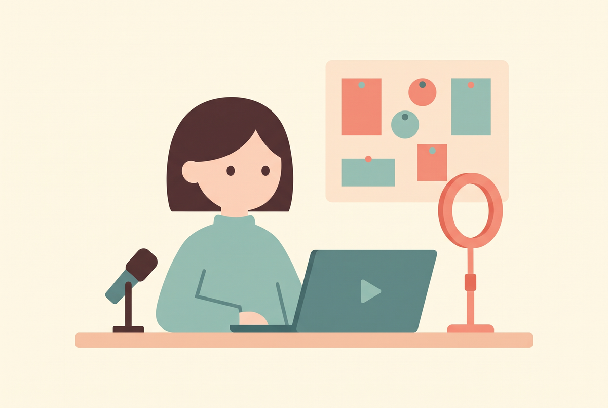 Flat vector illustration of a creator recording an online course lesson at a desk
