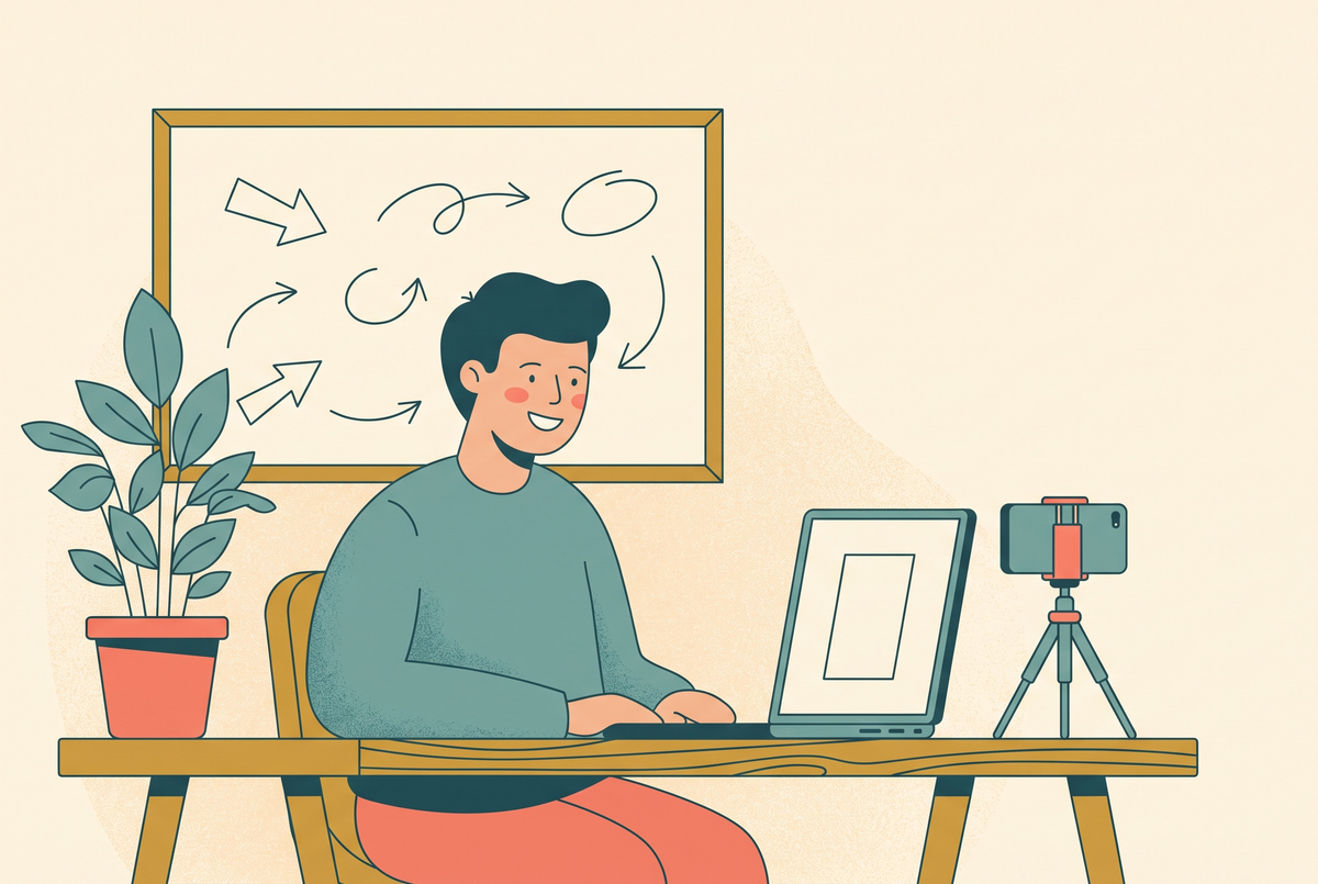 Flat vector illustration of a coach at a home office desk with a laptop and a phone on a small tripod