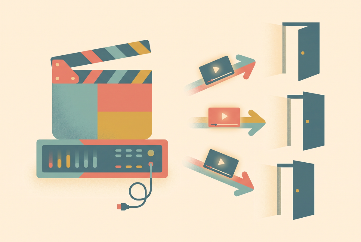 Flat vector illustration of a clapperboard on a powered-down server with arrows carrying video frames to three doorways
