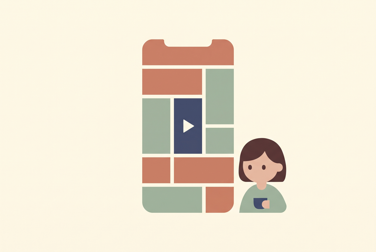 Flat vector illustration of a phone showing a video pin inside a Pinterest-style grid next to a creator