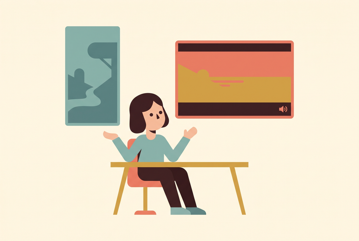 Flat vector illustration of a creator at a desk choosing between two video generator windows, one showing a long vertical clip and one a short cinematic shot
