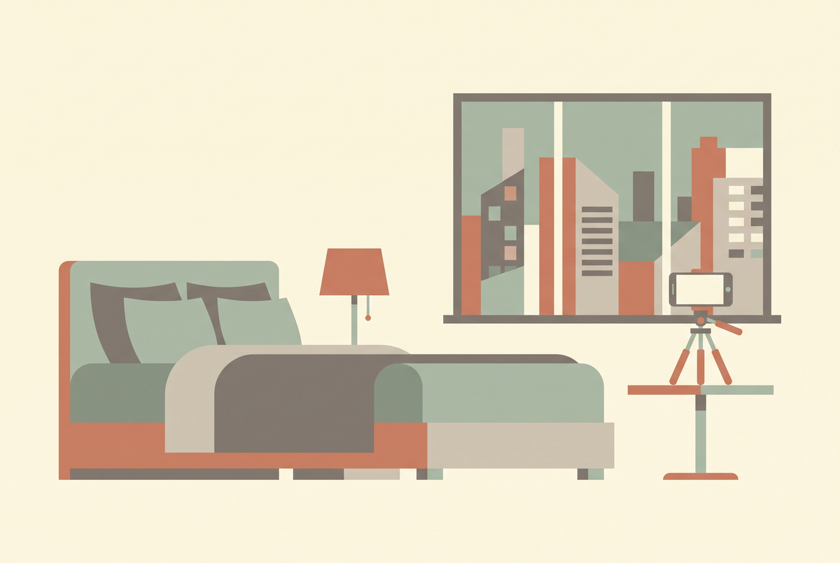 Flat vector illustration of a hotel room with a phone on a tripod filming the window view, cream background