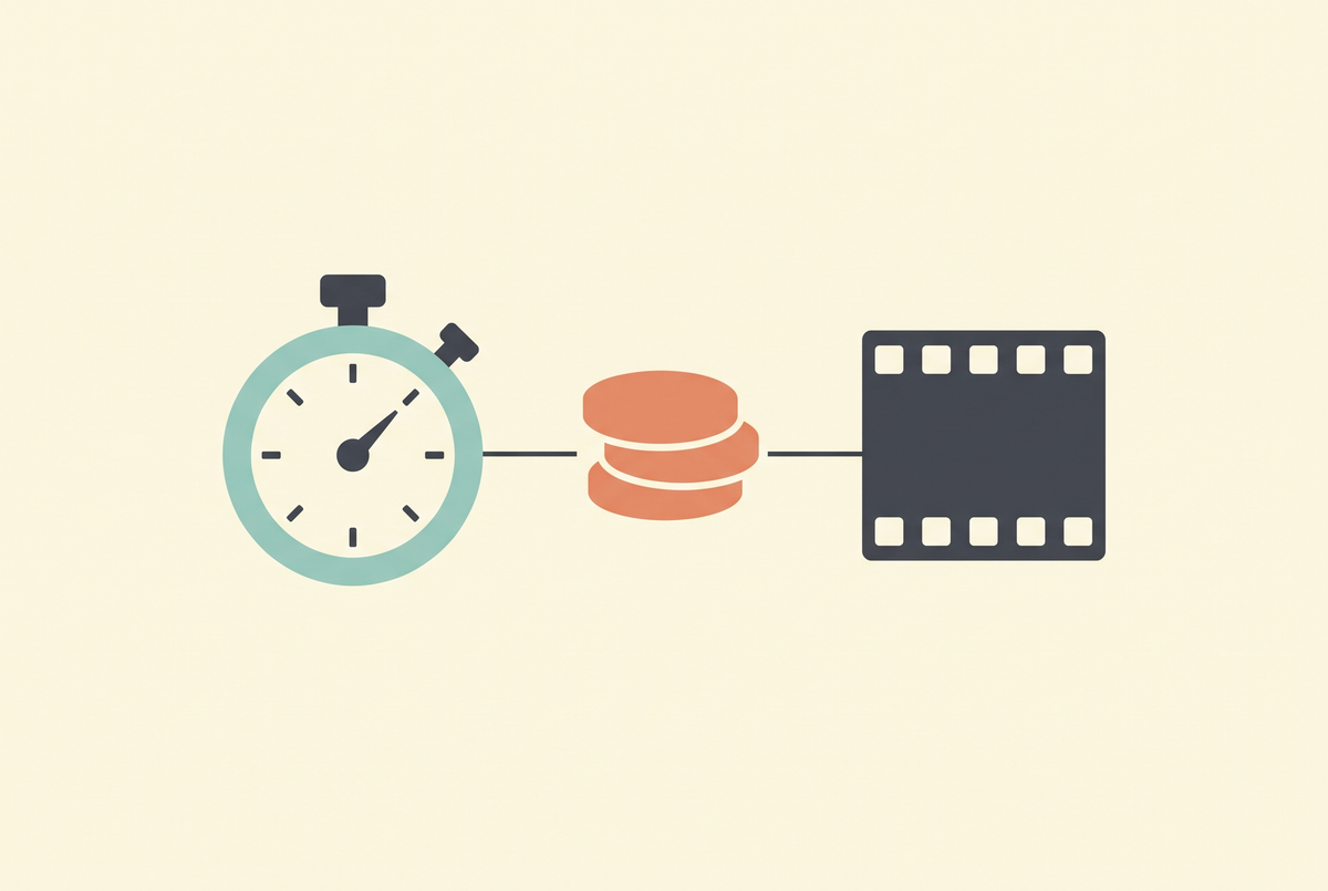 Flat vector illustration of a stopwatch, a stack of coins and a film strip connected by a line