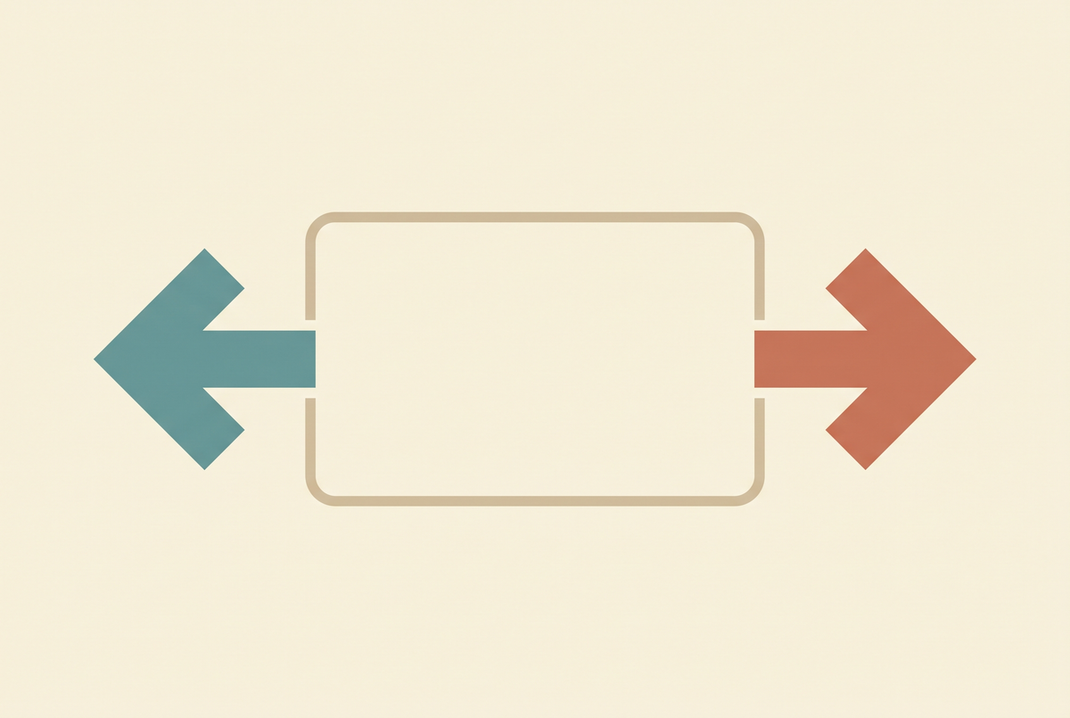 Flat vector illustration of two arrows pulling a video frame in opposite directions on a cream background