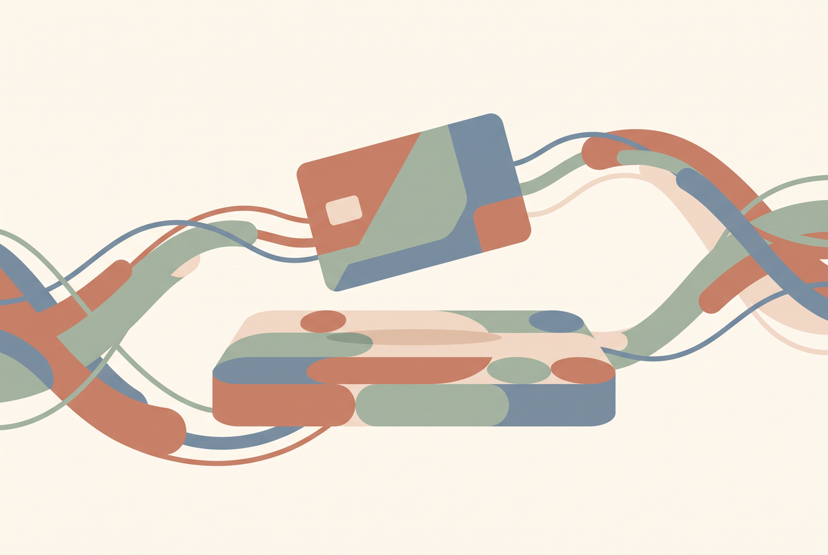 Flat vector illustration of a subscription access pass surrounded by flowing shapes representing unlimited renders
