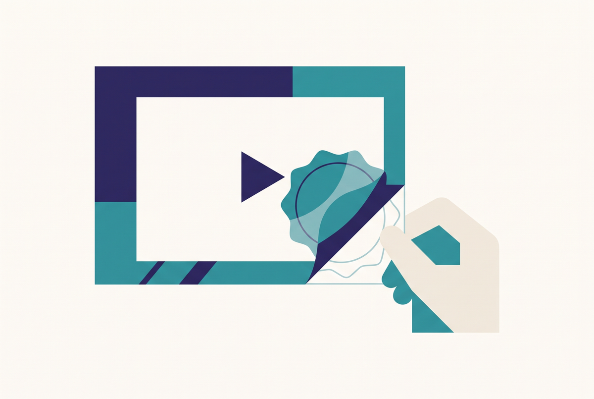 Flat vector illustration of a video frame with a watermark badge being lifted off it