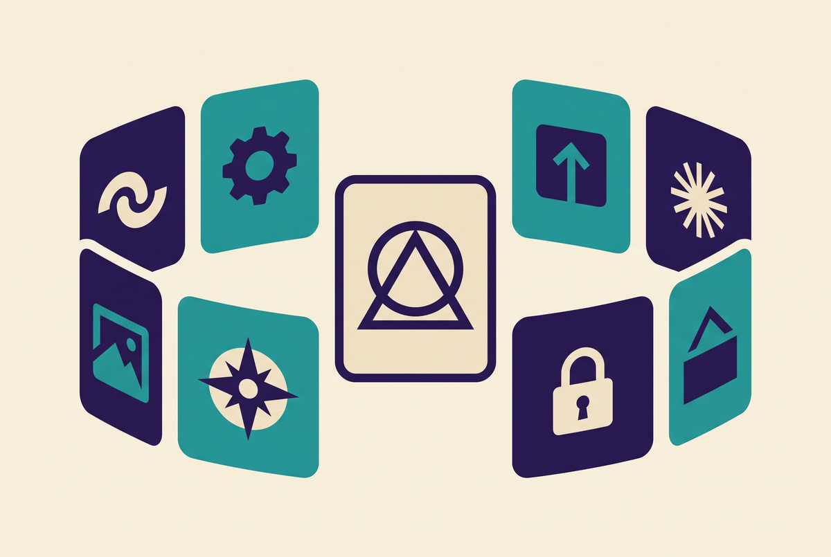 Flat vector illustration of six AI video tool cards arranged around a central choice