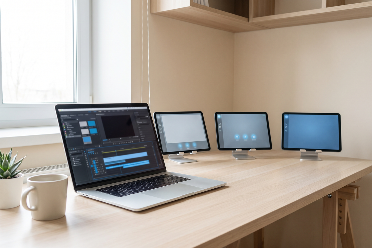 Laptop showing a video editing timeline beside three screens running different AI video tools
