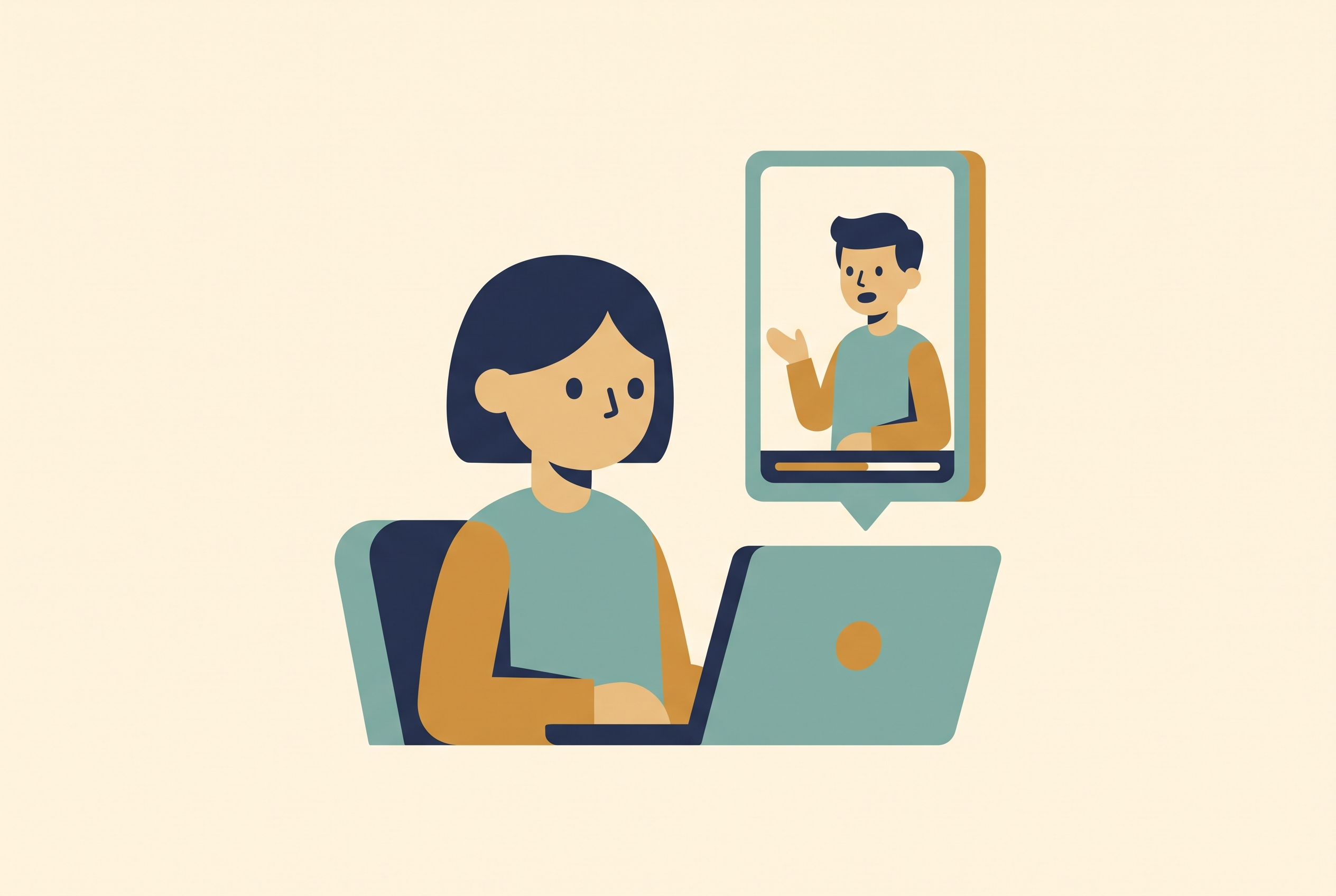 Flat vector illustration of a person at a laptop creating a vertical AI video for a professional feed