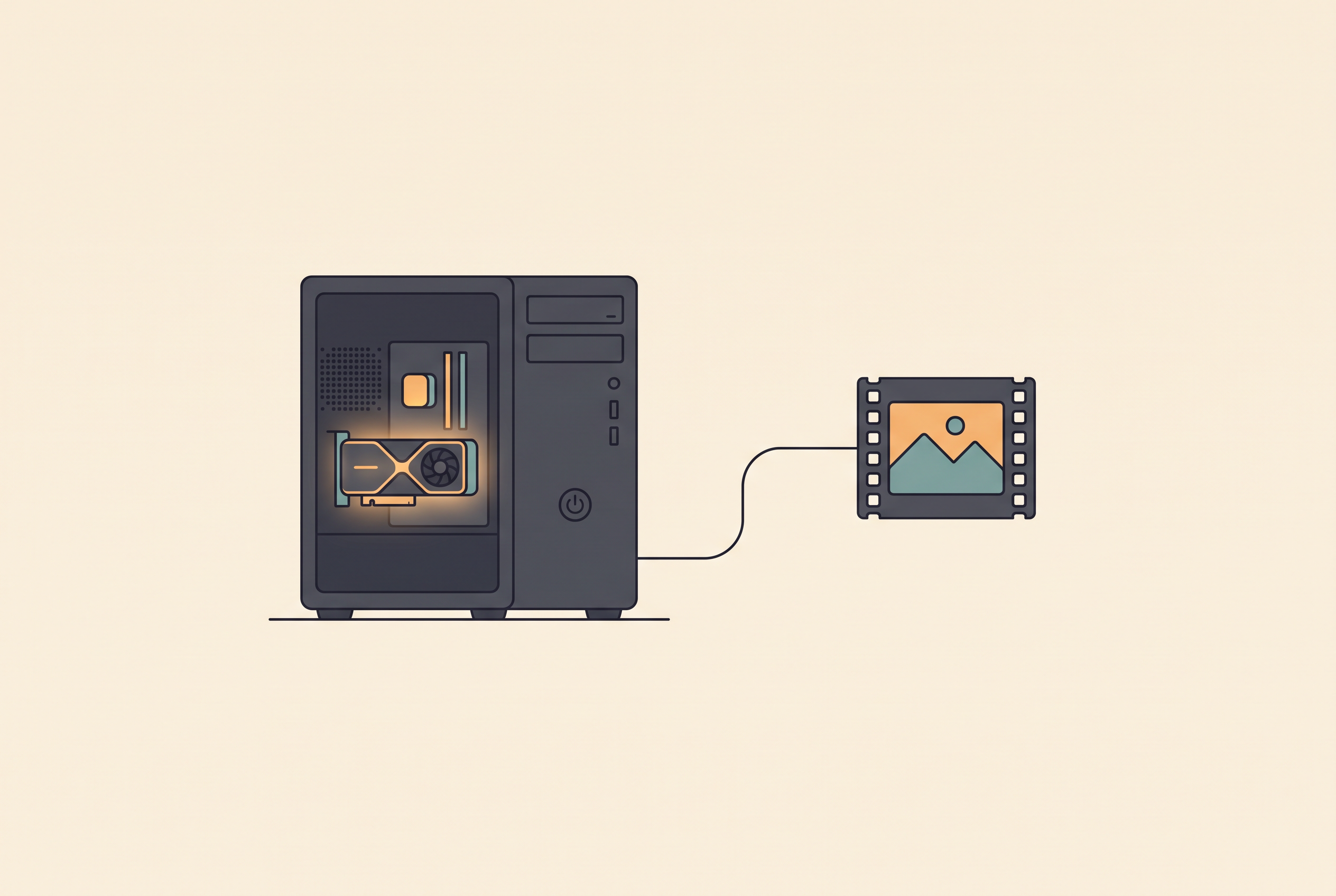 Flat vector illustration of a desktop computer with a glowing graphics card linked to a film strip