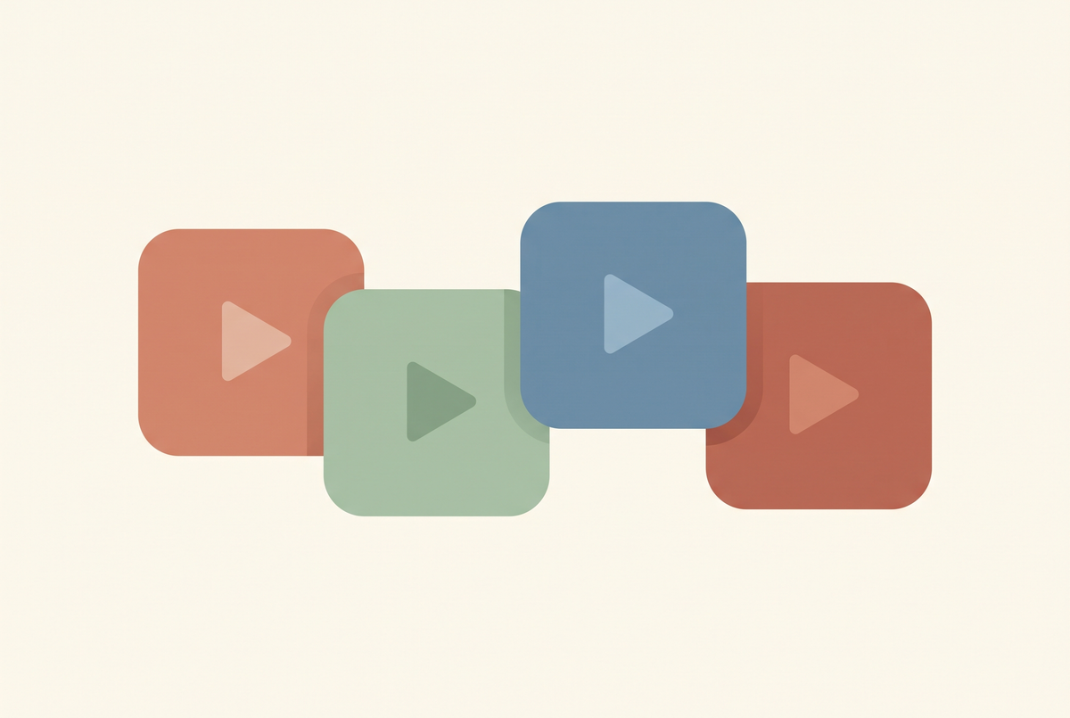 Flat vector illustration of four coloured app tiles with play symbols, representing rival AI video tools