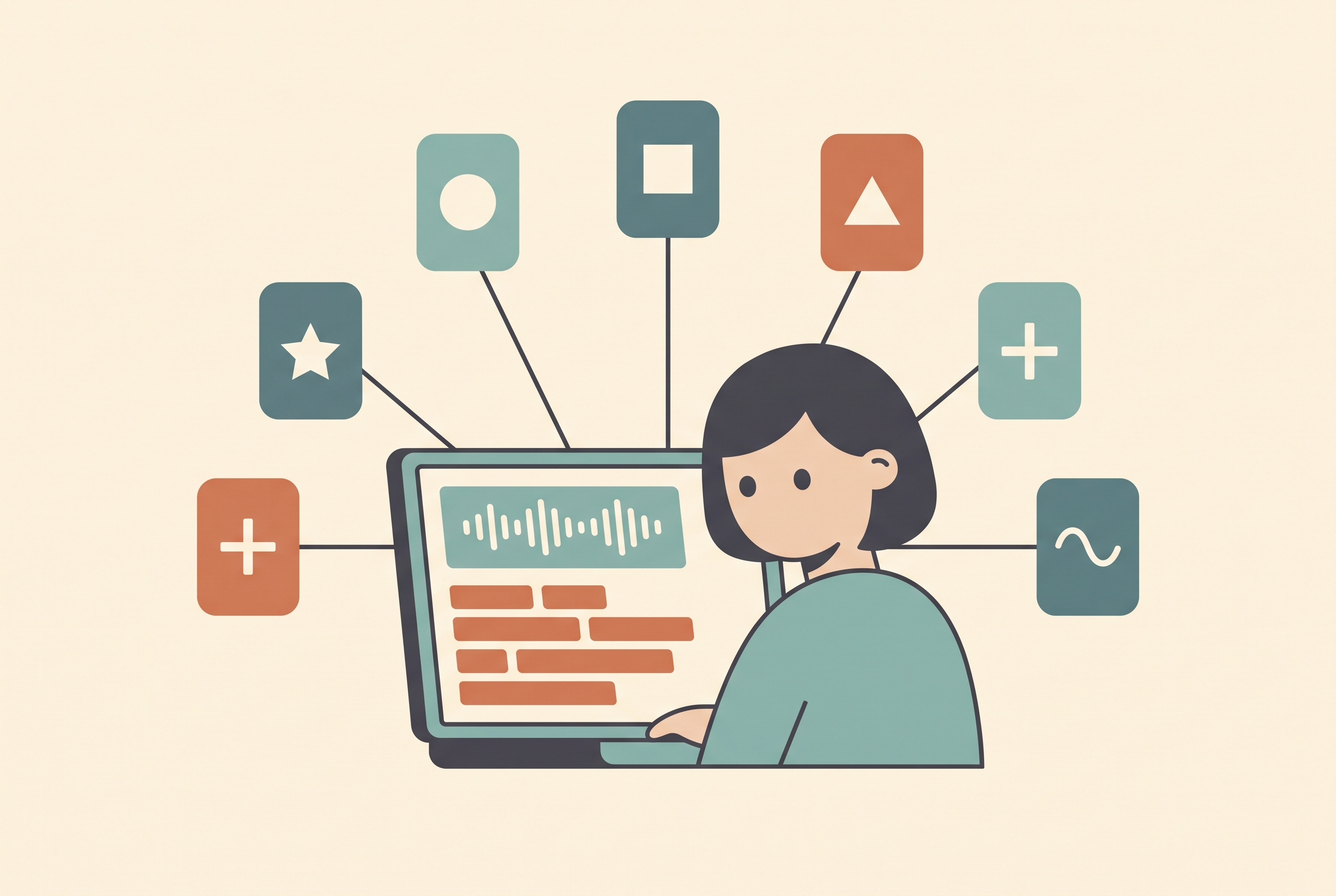 Flat vector illustration of a creator at a laptop showing a transcript and waveform, with lines branching out to seven alternative app tiles