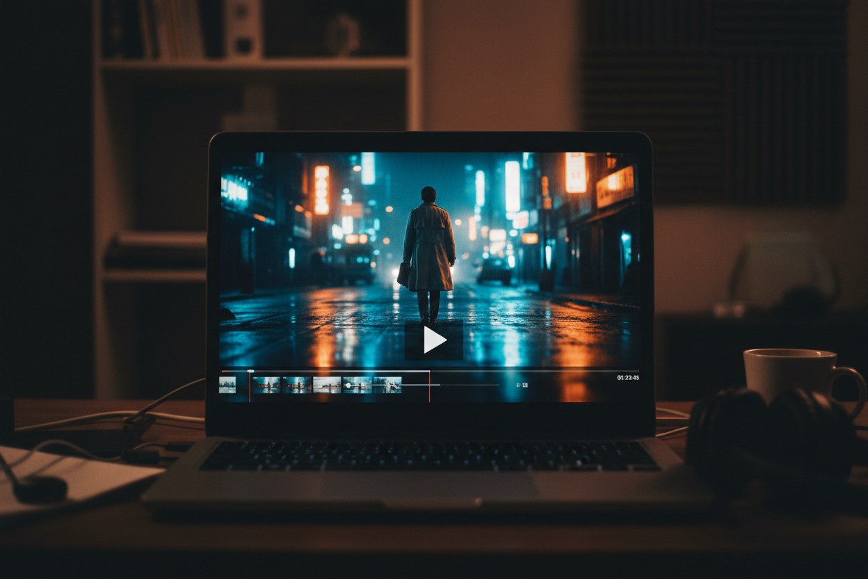 AI movie generator creating a cinematic film scene on a laptop timeline