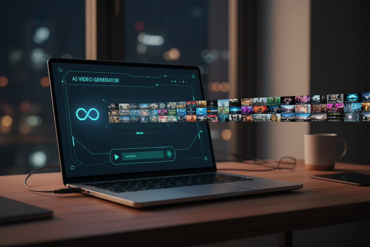 An unlimited AI video generator producing an endless row of clips