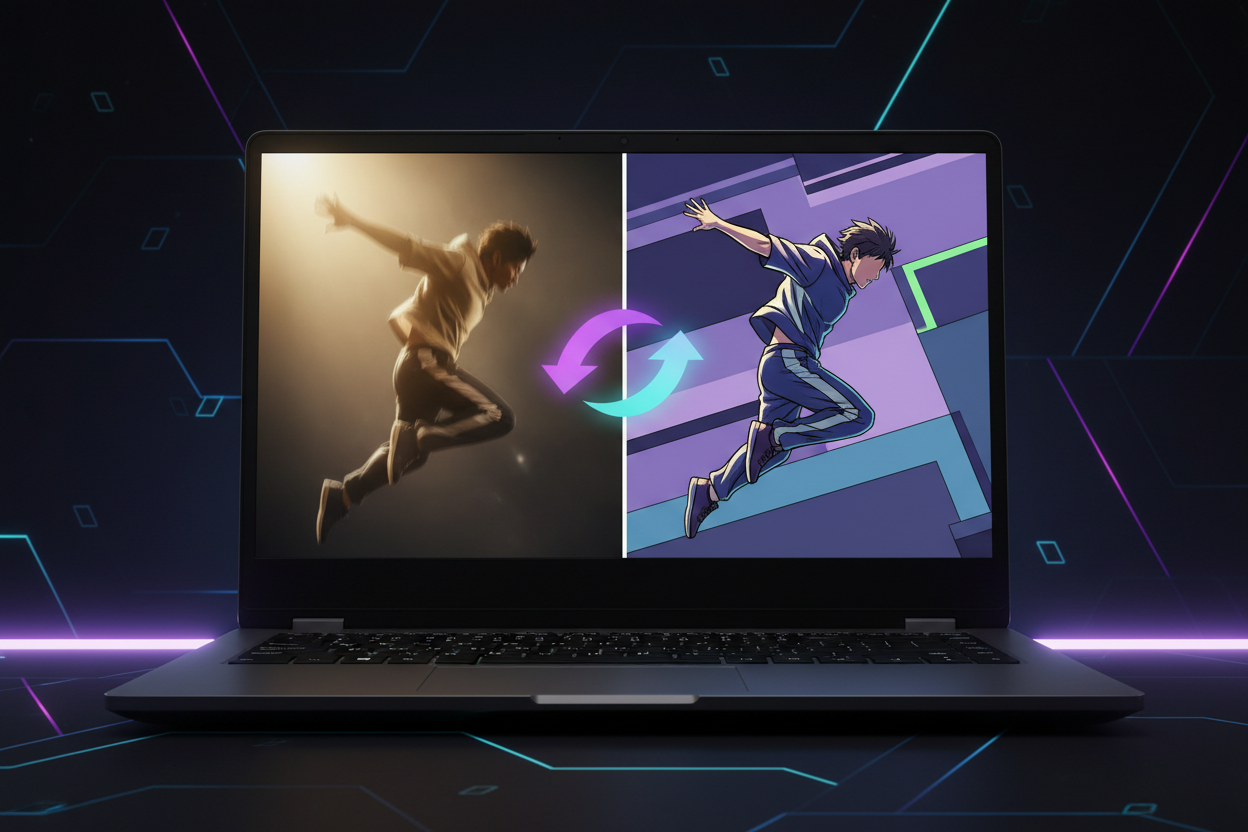 Video-to-video AI restyling real footage into an anime look