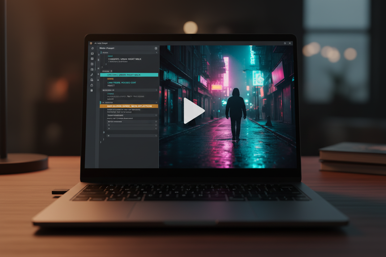 An AI video prompt broken into parts beside the cinematic clip it generated