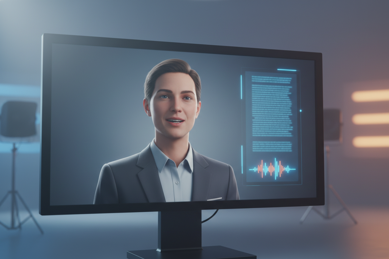 AI avatar generator creating a realistic talking-head presenter video on a monitor