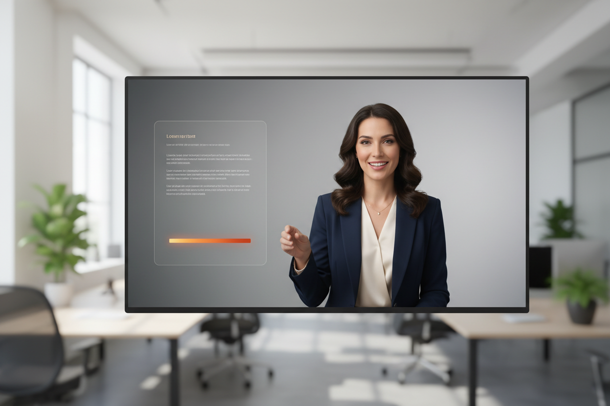 An AI spokesperson presenting a brand message on a monitor