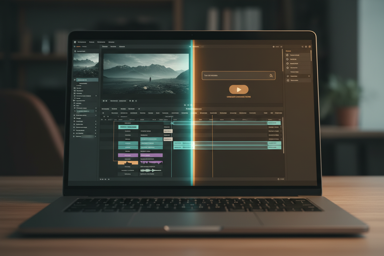 An AI video editor timeline beside an AI video generator prompt box