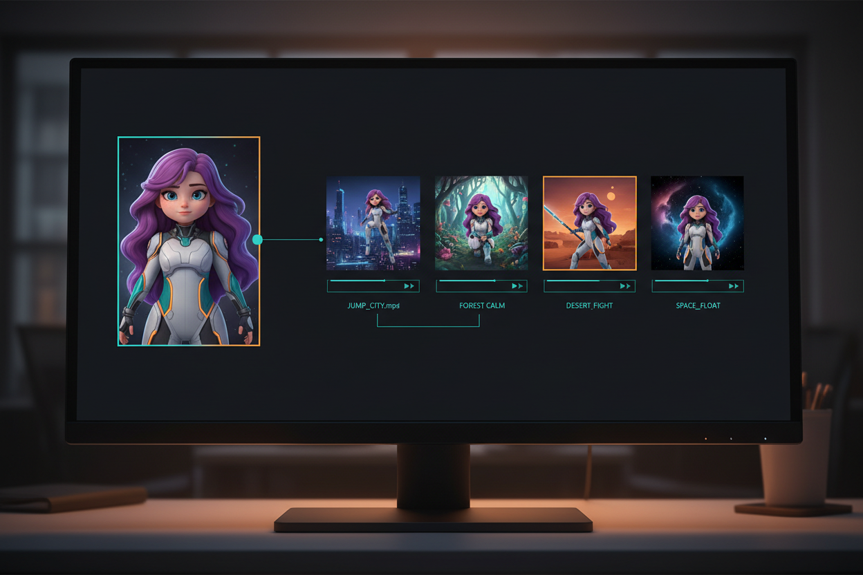 A character turnaround sheet used as a reference to keep an AI video character consistent