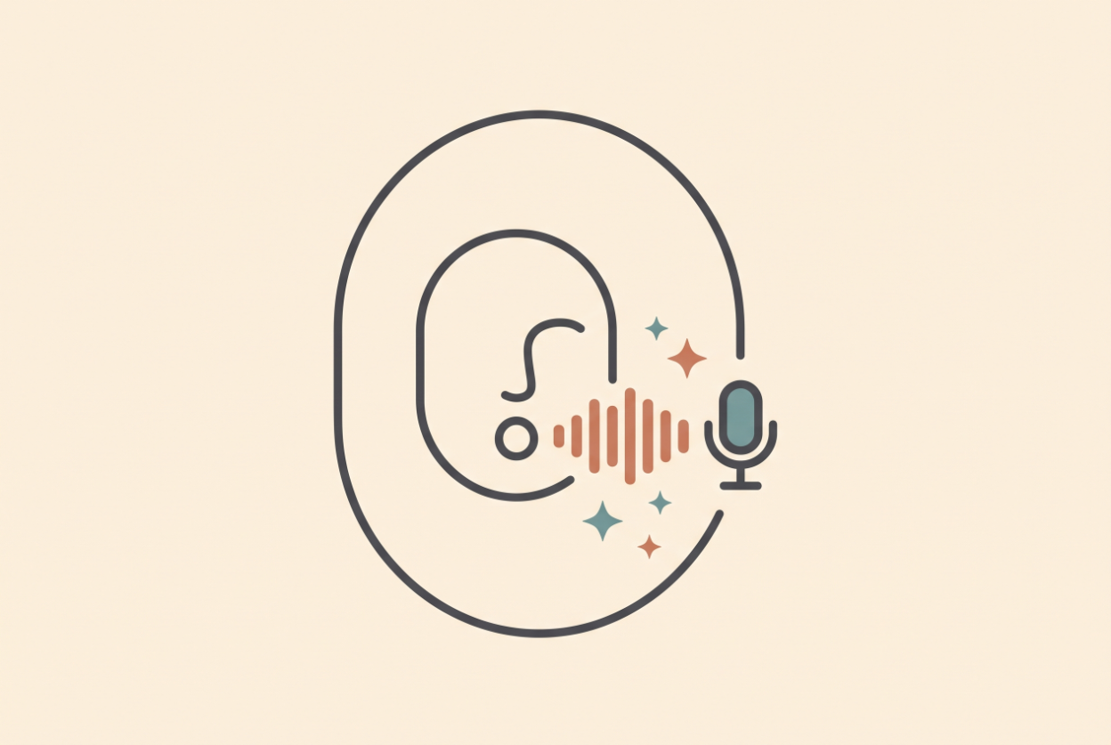 Flat illustration of a portrait frame with sound waves coming from the mouth beside a microphone