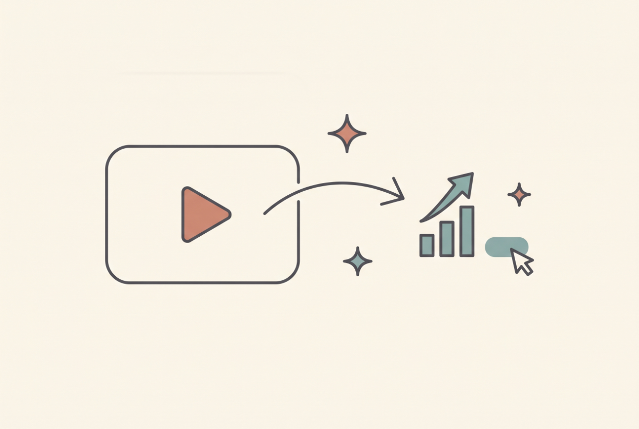 Flat illustration of a video player flowing into a rising performance chart and a clicked button