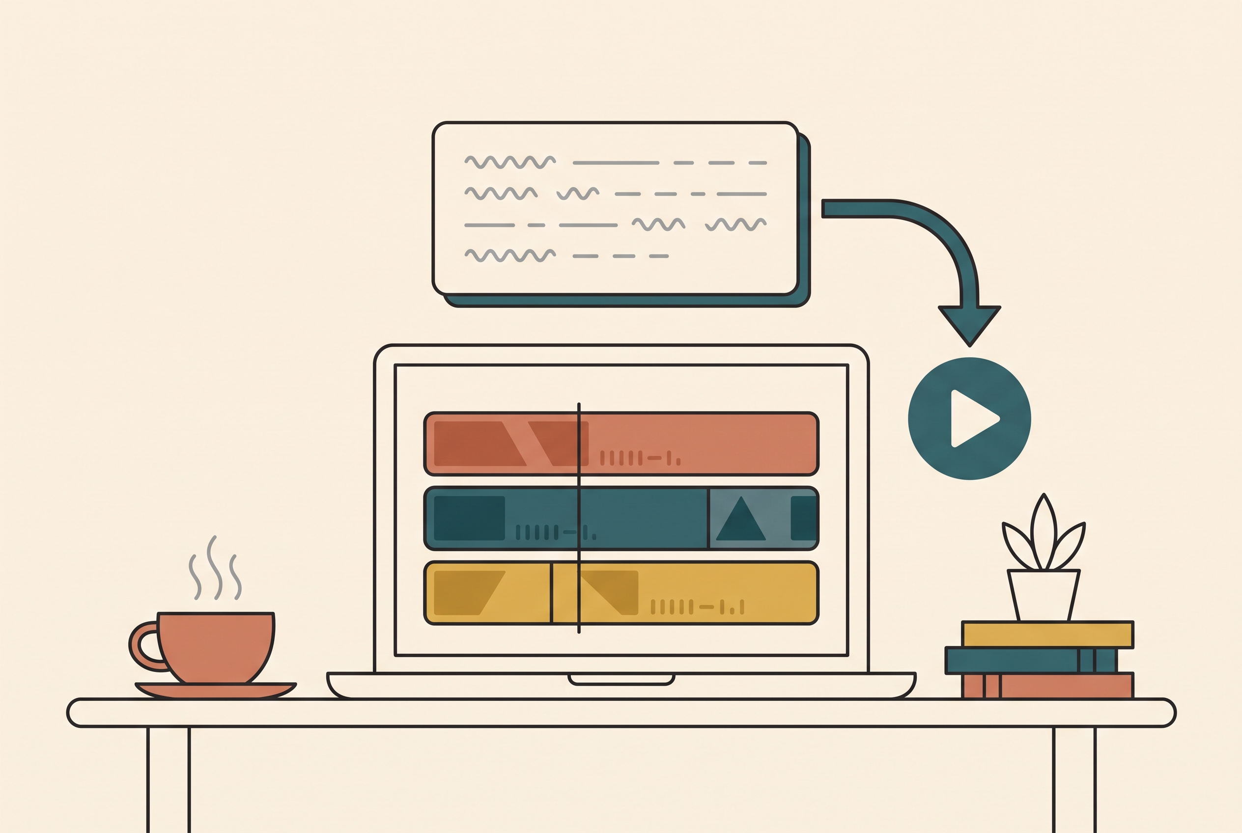 Flat illustration of a laptop video timeline with a text prompt card flowing into a play button