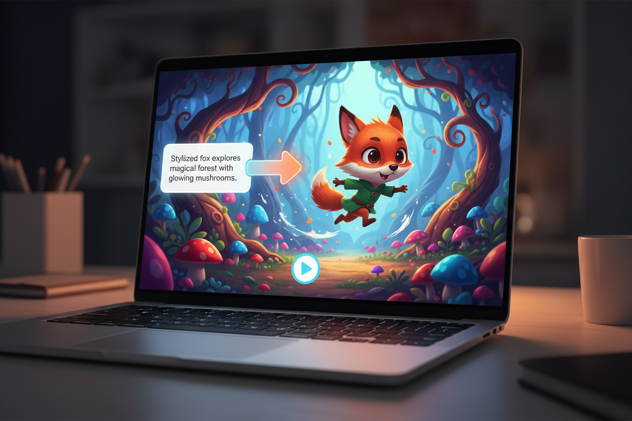 AI animation generator turning a text prompt into an animated cartoon scene