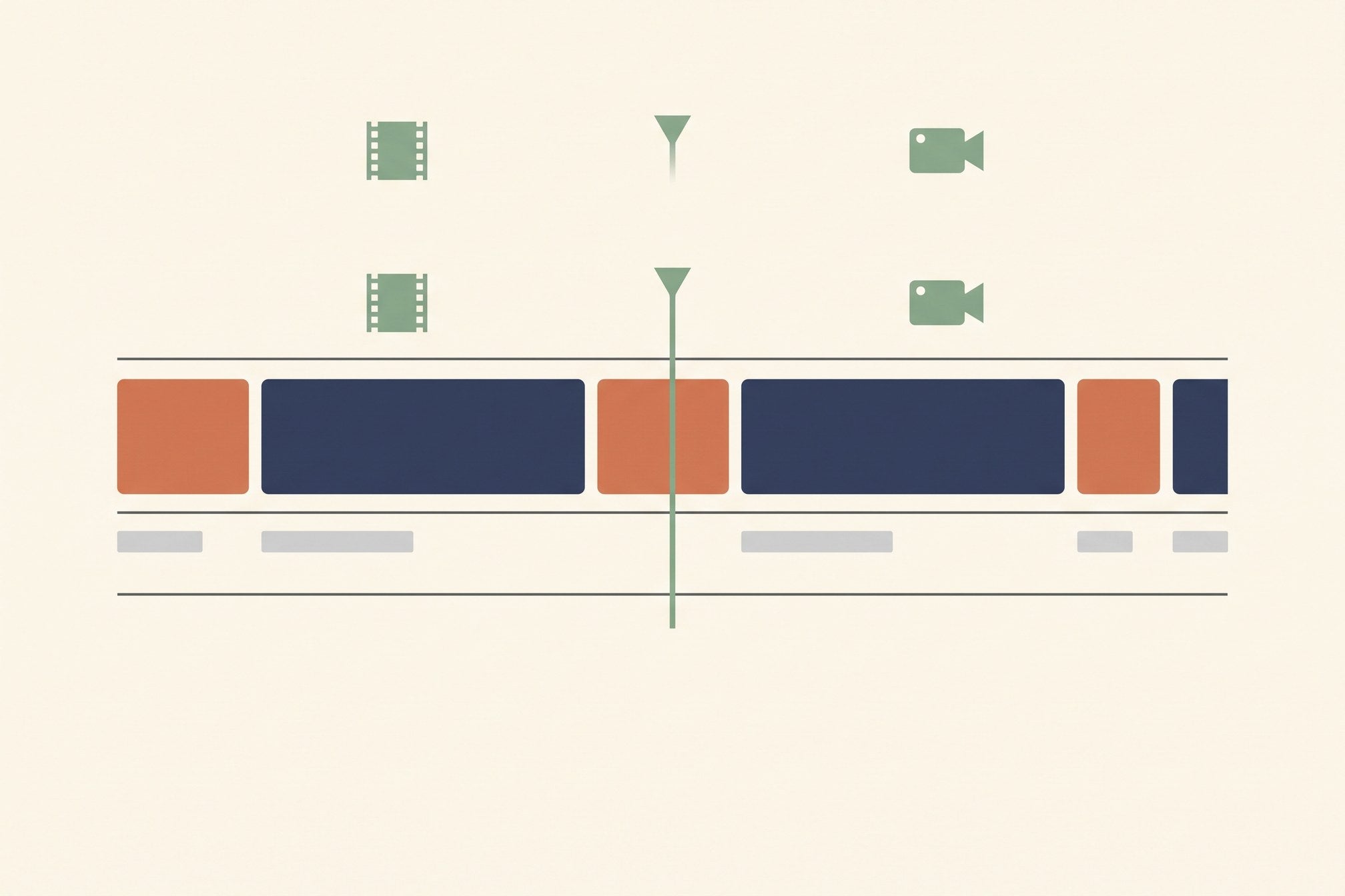 Flat vector illustration of a video timeline with b-roll clips cut between talking-head segments
