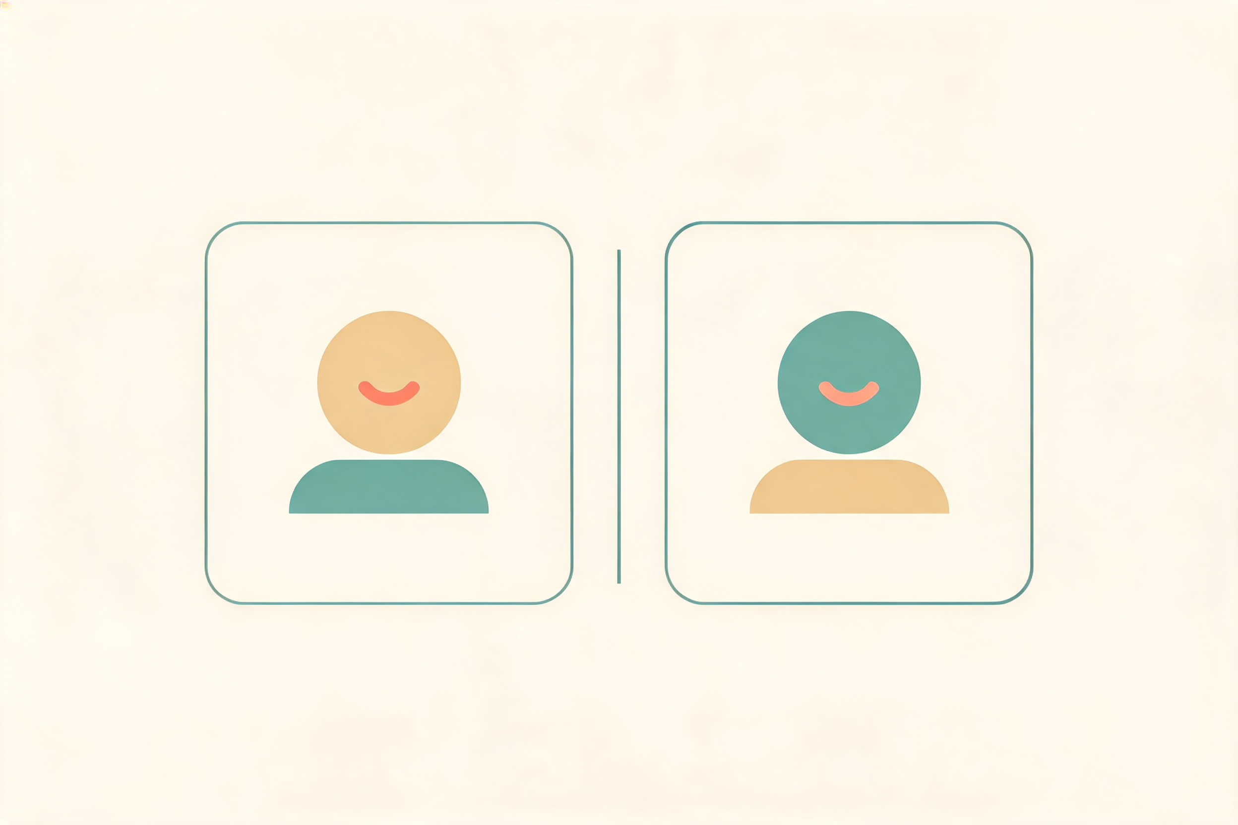 Flat vector illustration of two AI avatar presenter cards side by side separated by a divider