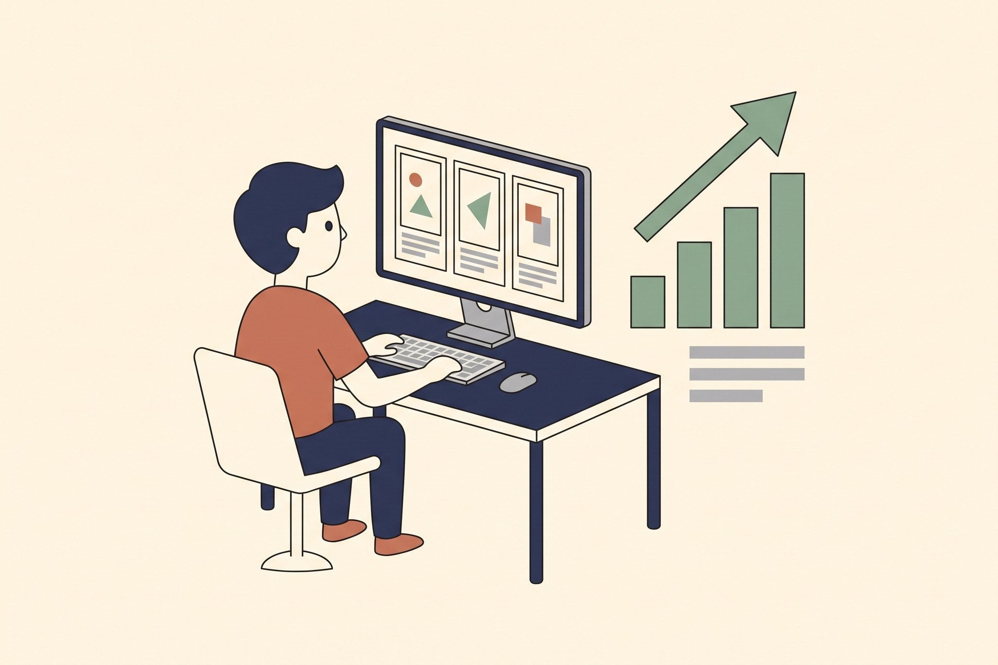 Flat vector illustration of a person editing short vertical videos at a desk beside a rising income chart